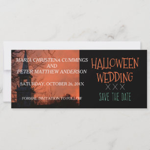 Skrämmande kyrka Halloween bröllop Spara datum-kor Datumet