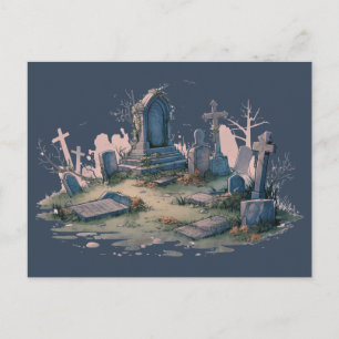 Skrämmande kyrkogård Gråblå Halloween Helg Vykort