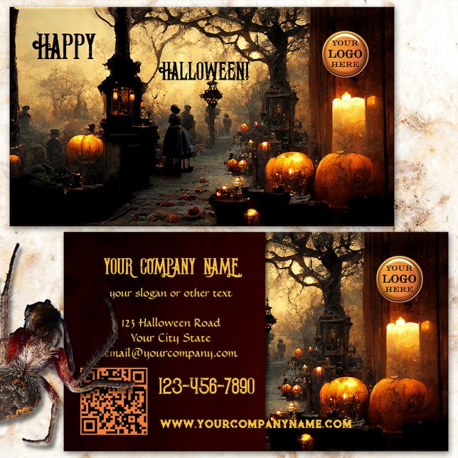 Skrämmande kyrkogård Halloween Visitkort (Halloween business card featuring a spooky graveyard at dusk with burning candles and pumpkins)