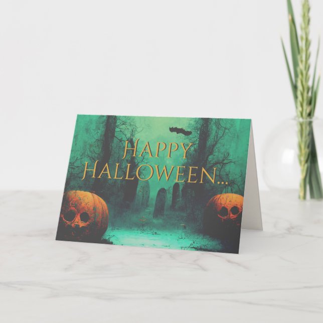 Skrämmande kyrkogård och utskurna pumpor Halloween Kort (Framsida)