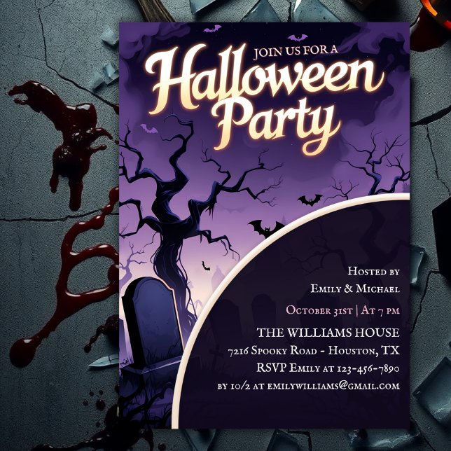Skrämmande kyrkogård spöklik Halloween-fest Inbjudningar (Scary Graveyard Spooky Halloween Party Invitation with Purple Night Sky)