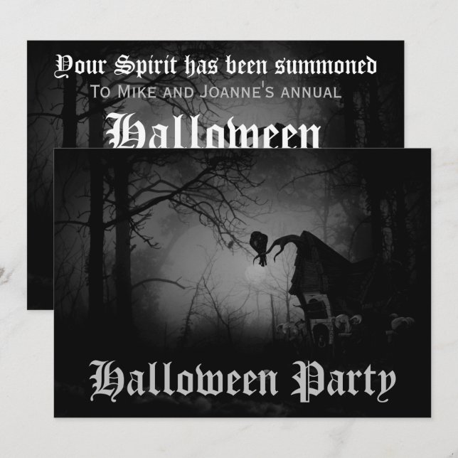 Skrämmande läskig korp i skogen Halloweenfest Inbjudningar (Fram/baksida)