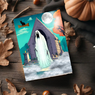 Skrämmande läskig spök stående i kyrkogård Hallowe Julkort