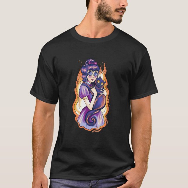 Skrämmande läskig tjej med katt t shirt (Framsida)