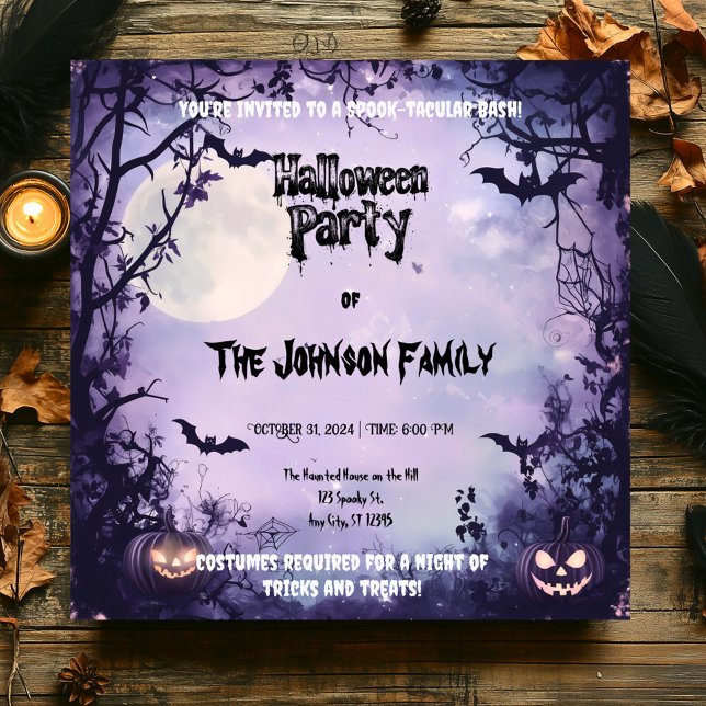 Skrämmande lila Halloweenfest - Fullmåne & Fladder Inbjudningar (Skapare uppladdad)
