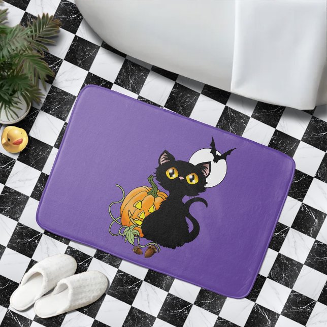Skrämmande lila söt svart katt Halloween-pumpa Badrumsmatta (Skapare uppladdad)