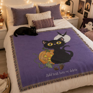 Skrämmande lila söt svart katt Halloween-pumpa Filt