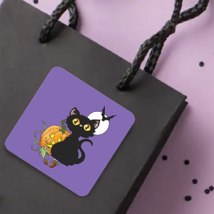 Skrämmande lila söt svart katt Halloween-pumpa Fyrkantigt Klistermärke