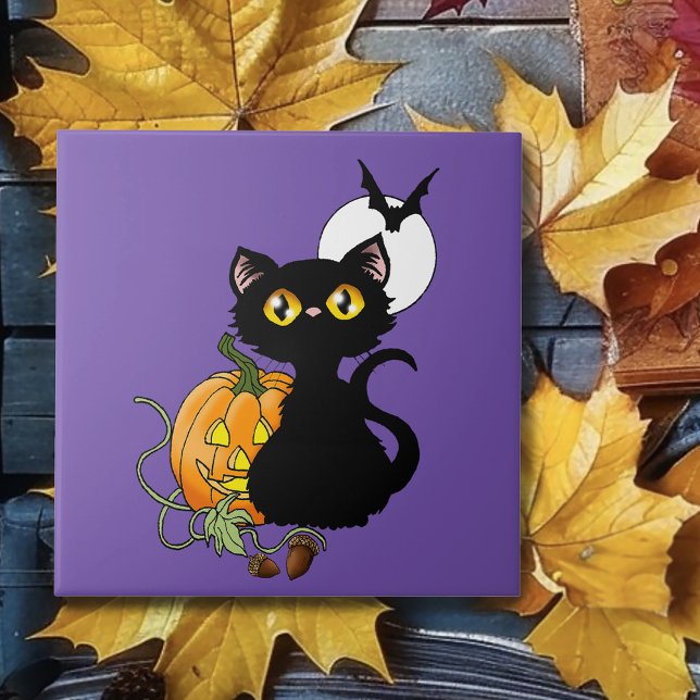 Skrämmande lila söt svart katt Halloween-pumpa Kakelplatta (Skapare uppladdad)