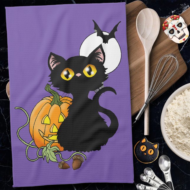 Skrämmande lila söt svart katt Halloween-pumpa Kökshandduk (Skapare uppladdad)