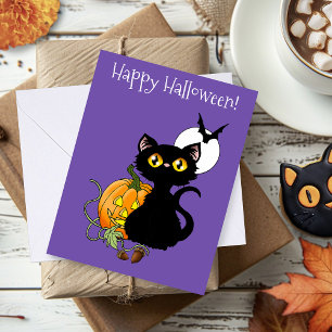 Skrämmande lila söt svart katt Halloween-pumpa Kort