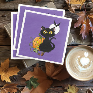 Skrämmande lila söt svart katt Halloween-pumpa Pappersservett