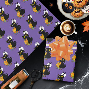 Skrämmande lila söt svart katt Halloween-pumpa Presentpapper