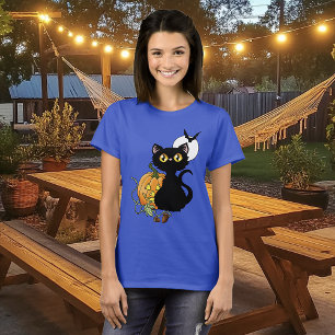 Skrämmande lila söt svart katt Halloween-pumpa T Shirt