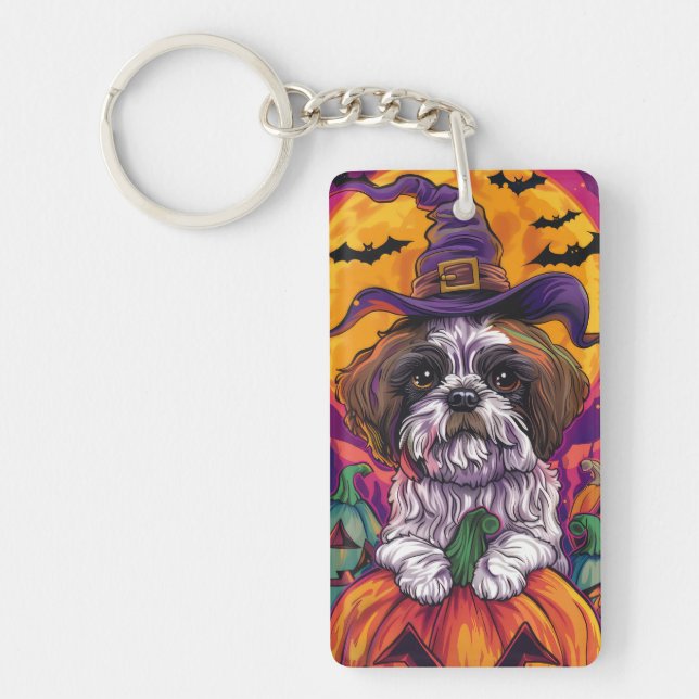 Skrämmande Malti Tzu Hund Halloween Häxa Och Pumpa (Framsidan)