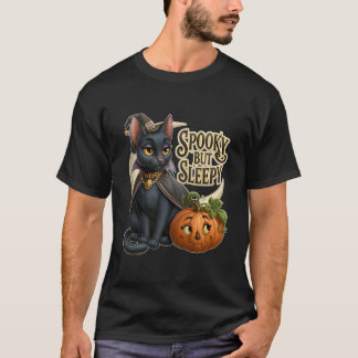 Skrämmande men sömnig söt Halloween svart katt pum T Shirt
