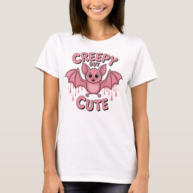 Skrämmande Men Söt Rosa Fladdermus T Shirt (Framsida)