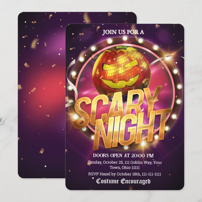 Skrämmande natt Marquee Disco Pumpa Halloween-fest Inbjudningar (Fram/baksida)