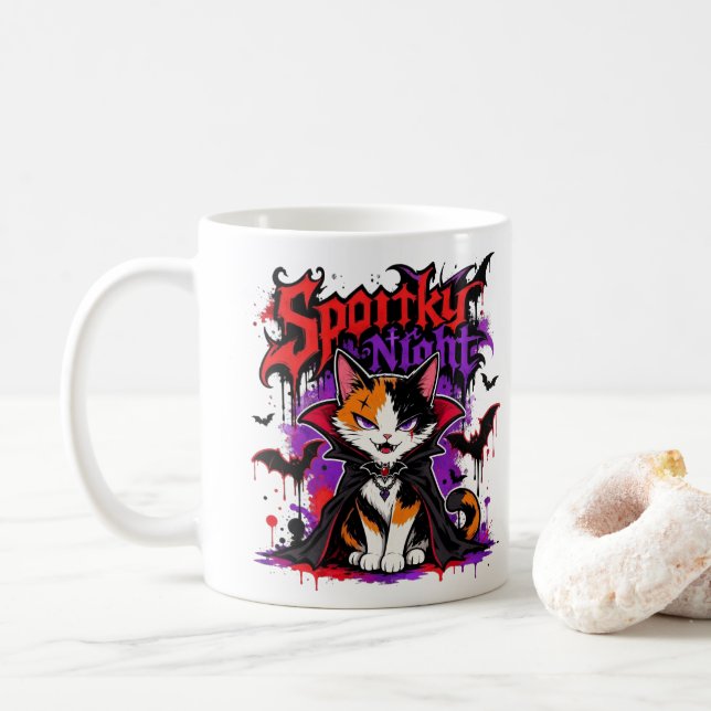 Skrämmande natt vampyr katt med tre färger kaffemugg (Med munk)