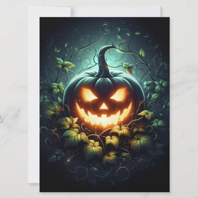 Skrämmande naturlysnande Halloween-pumpa Julkort (Framsida)