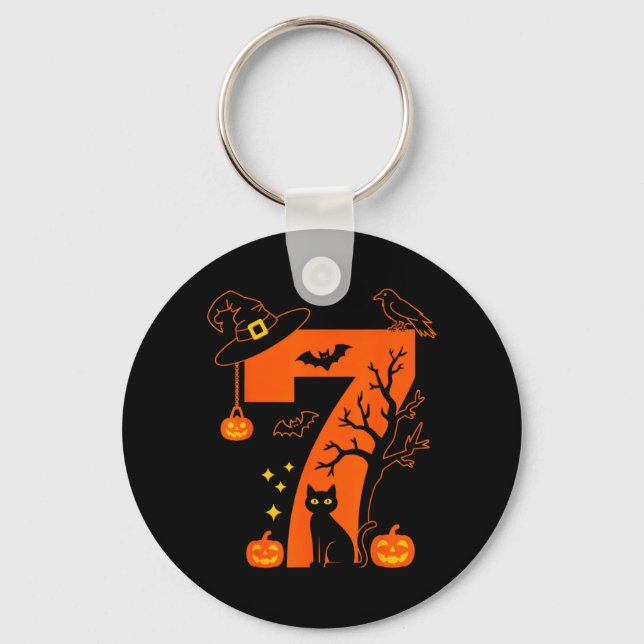 Skrämmande nummer 7 Halloween Svart Katt Design Fö Nyckelring (Framsida)
