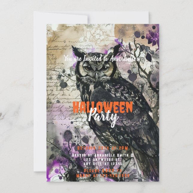 Skrämmande och vacker uggla Lila Halloween-fest Inbjudningar (Framsida)