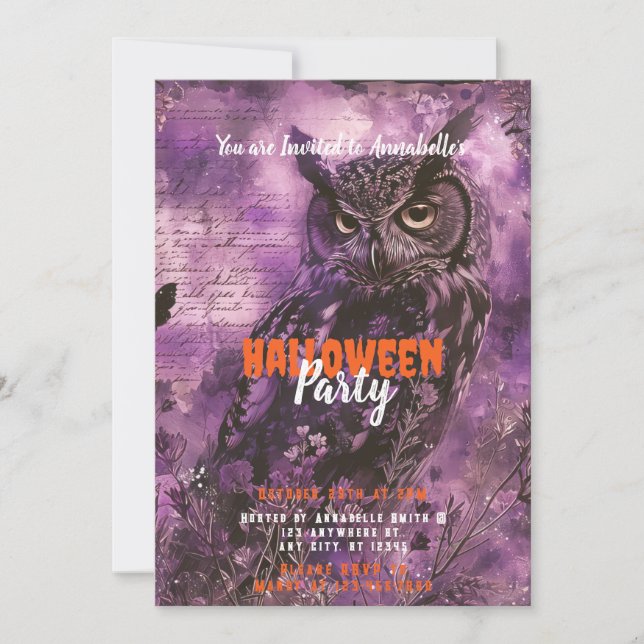 Skrämmande och vacker uggla Lila Halloween-fest Inbjudningar (Framsida)