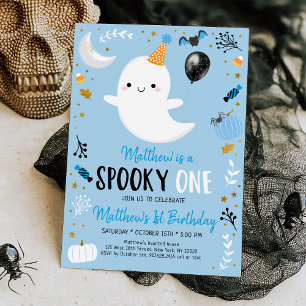 Skrämmande ONE Blå Spöke Halloween Födelsedag Inbjudningar