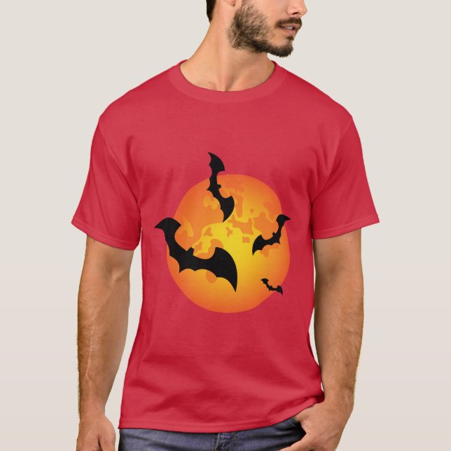 Skrämmande orange Halloween fullmåne fladdermöss T Shirt (Framsida)