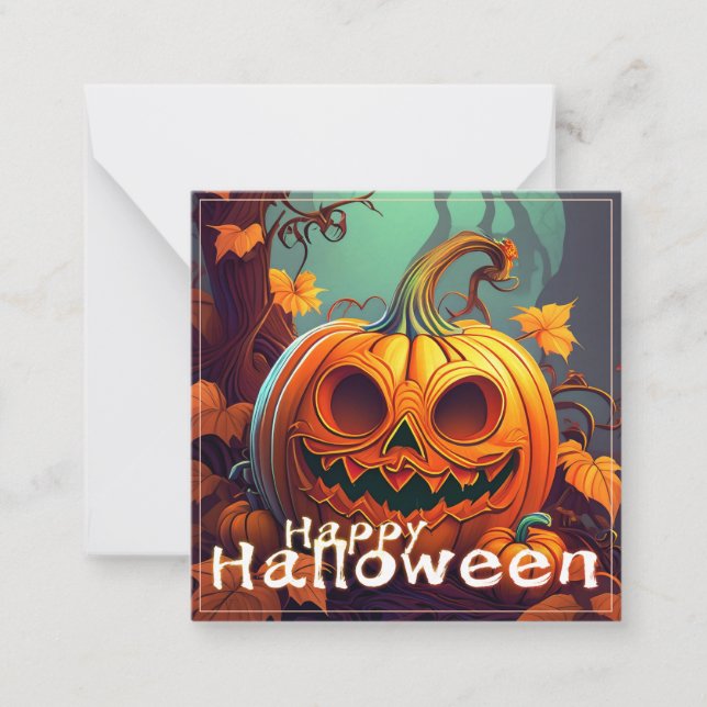 Skrämmande orange pumpa med ansikte, Halloween Anteckningskort (Framsida)