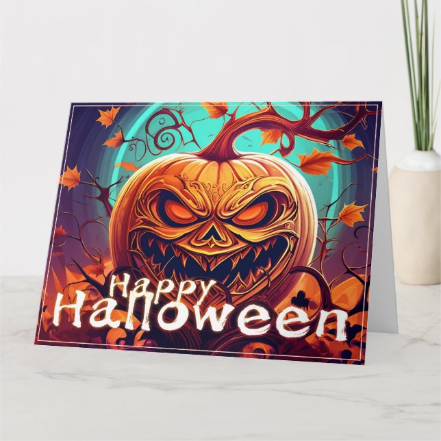 Skrämmande orange pumpa med ansikte, Halloween Kort (Framsida)