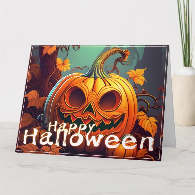 Skrämmande orange pumpa med ansikte, Halloween Kort (Framsida)