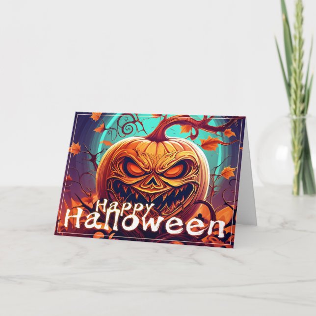 Skrämmande orange pumpa med ansikte, Halloween Kort (Framsida)