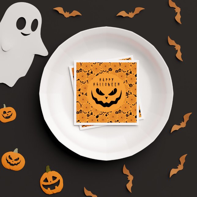 Skrämmande Orange Svart Glad Halloween Födelsedags Pappersservett (Spooky Orange Black Happy Halloween Birthday Party Napkins)