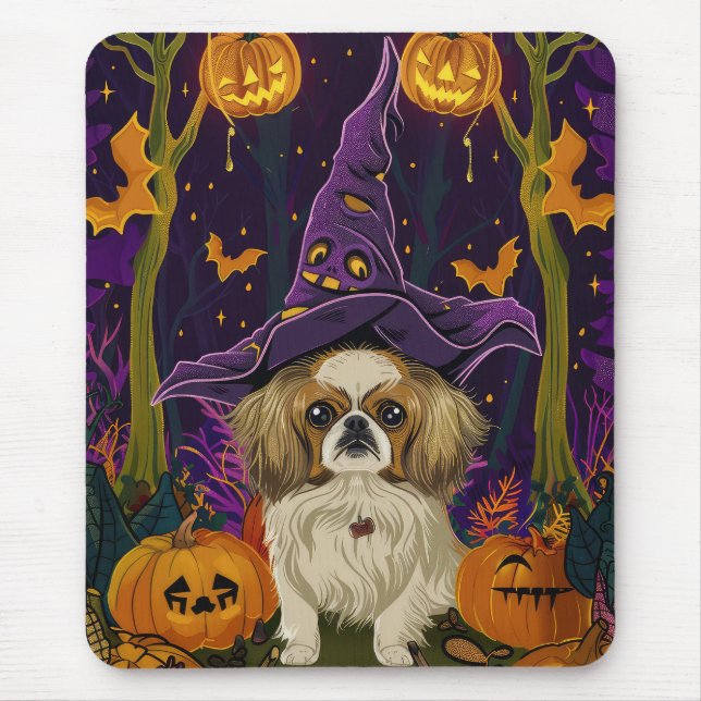 Skrämmande Pekingeser Hund Halloween Häxa Och Pump Musmatta (Framsidan)