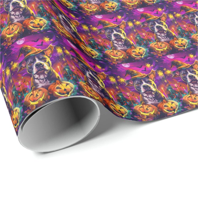 Skrämmande Pitbull Hund Halloween Häxa Och Pumpa Presentpapper (Rullad Hörn)