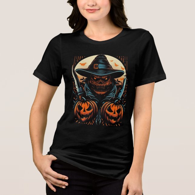 Skrämmande pumpa-fågelskrämma & knivar Halloween-m T Shirt (Framsida)
