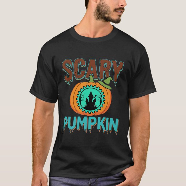 Skrämmande pumpa Halloween spökhus design T Shirt (Framsida)