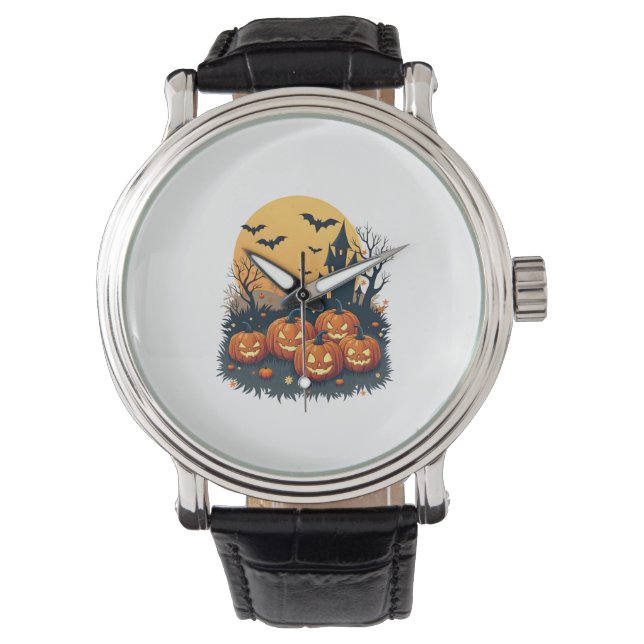 Skrämmande pumpafält � Retro Halloween-tröja Armbandsur (Framsida)