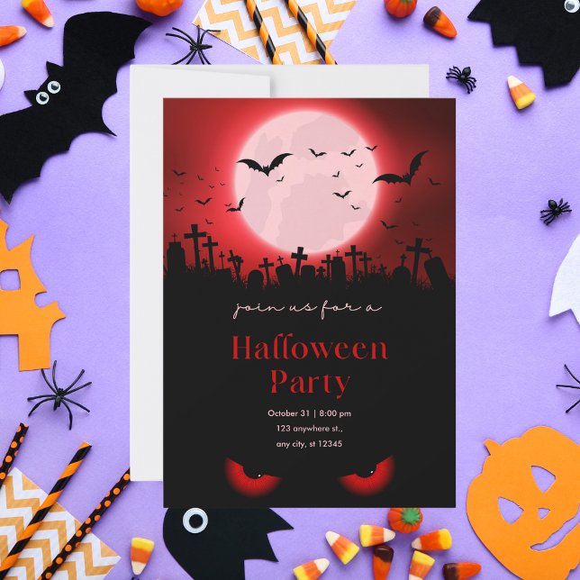 Skrämmande röda månens kyrkogård Halloween-fest Inbjudningar (Skapare uppladdad)