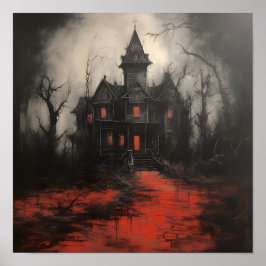 skrämmande rödakryl hemsökt hus Halloween-utskrift Poster