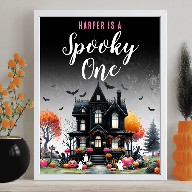 Skrämmande rosa Halloween 1-års födelsedagsfest sk Poster (Spooky One Pink Halloween 1st Birthday Party Sign )