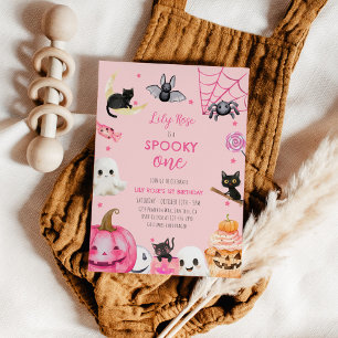 Skrämmande rosa Halloween söt spöke 1-års födelsed Inbjudningar