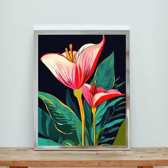 Skrämmande Rosa och rödblommor på svart Fototryck (Skapare uppladdad)