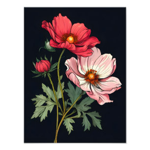 Skrämmande Rosa och rödblommor på svart Fototryck
