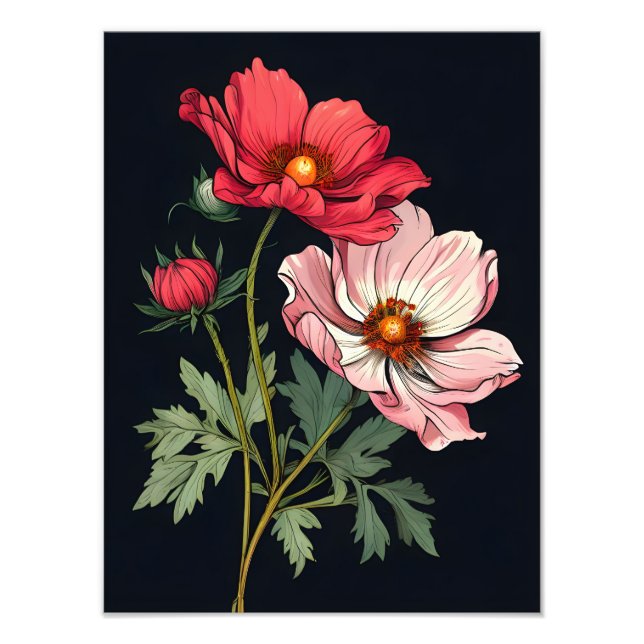 Skrämmande Rosa och rödblommor på svart Fototryck (Framsidan)