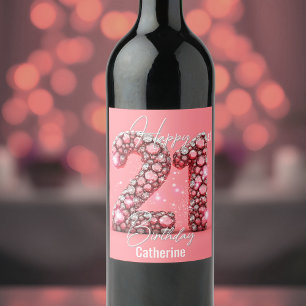 Skrämmande Rosa och vita delstenar 21:a födelsedag Vinflaska Etikett