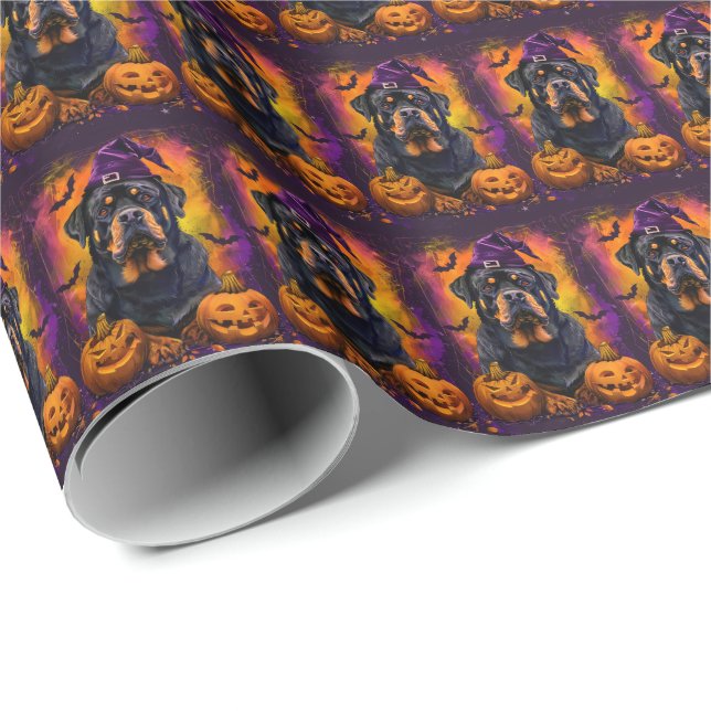 Skrämmande Rottweiler Hund Halloween Häxa Och Pump Presentpapper (Rullad Hörn)