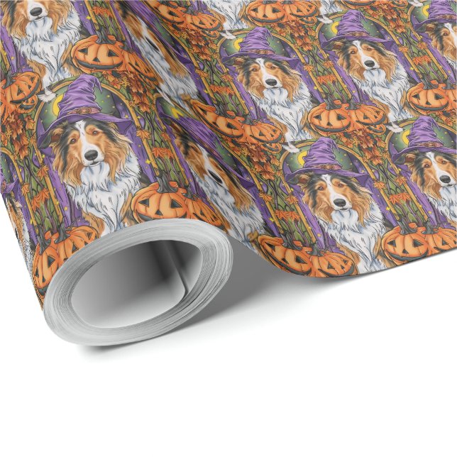 Skrämmande Rough Collie Hund Halloween Häxa Pumpa  Presentpapper (Rulle Hörn)