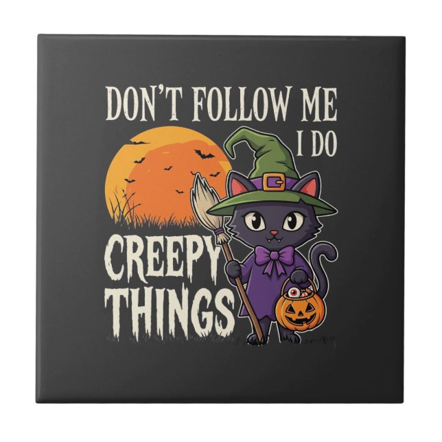 Skrämmande saker Halloween Katt Häxa Design_1 Kakelplatta (Framsidan)